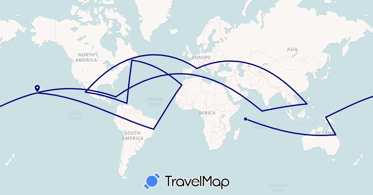 TravelMap itinerary: driving in Australia, Brazil, Canada, France, Indonesia, Jamaica, Morocco, Maldives, Mexico, Philippines, Seychelles, United States, Venezuela (Africa, Asia, Europe, North America, Oceania, South America)